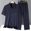 Traje de Verano de Dos Piezas para Papá, Camisa de Manga Corta de Seda Helada para Hombre, Pantalones Delgados para Mediana Edad y Personas Mayores, Ropa de Abuelo