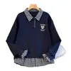Sudadera con Cuello Polo a Cuadros Empalmado Falso de Dos Piezas para Mujer Otoño e Invierno 2025 Nuevo Diseño Nicho Holgado con Capucha