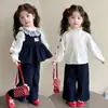 Conjunto de Denim para Niñas Primavera y Otoño 2026 Nuevo Elegante Versión Coreana Conjunto de Tres Piezas de Pantalones Rectos de Primavera para Niños