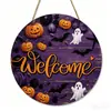 Bestseller transfronterizo letrero redondo de madera de Halloween para puerta con calavera, gato negro, calabaza y patrones de tumba, decoración colgante de puerta para crear ambiente