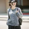 Cárdigan de punto de lana de cachemira suave y cálido para mujer, cuello redondo, corte holgado, suéter cepillado con botones de perla, top tipo chaqueta de forro polar
