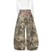 Calça jeans camuflada com bordado de letra de galho estilo rua americano transfronteiriço, calça pantalona de design nicho unissex atacado
