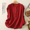Camisa de Algodão Vintage Estilo Étnico, Novo Modelo de Verão com Gola Franzida, Camiseta Versátil Artística Retro Casual