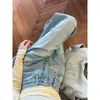 Jeans largo azul claro bordado com cachorrinho para mulheres, estilo novo da moda para primavera e outono, solto, com caimento, calças retas compridas