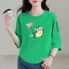 Comercio exterior transfronterizo para madres, mujeres de mediana edad y mayores, camiseta versátil de manga corta con cuello redondo, estampada, holgada, talla grande