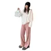 Calça de tricô com fenda lateral, design de senso de estilo preguiçoso, feminina, outono, tricô macio e fofo, cintura alta, caimento, perna reta casual, comprimento até o chão