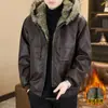 Jaqueta de Couro com Capuz de Inverno para Homens, Forrada com Lã, Espessa, Quente, Casual, Moderna, Casaco de Couro à Prova de Frio, Roupa Externa Acolchoada com Algodão, Tendência