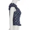 Camiseta de Mujer Estilo Y2K, Top Retro Europeo y Americano de Nicho a Cuadros con Mangas Volantes, Cuello en V Sexy Estilo Ballet Francés, Adelgazante