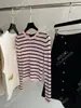 Liquidación 100Moda Francesa Alta Gama Lujo Seda Ajustado Rayas Corbata Cuello Redondo Elegante Manga Larga Jersey