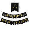 Estilo Fiesta Negro y Dorado Banner de Año Nuevo Cadena de Letras Feliz Año Nuevo Banderín Decoración para Aula Reunión Anual de Empresa Adornos Colgantes
