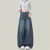 Suministro exclusivo transfronterizo jeans rectos color azul oscuro retro para mujer primavera y otoño nuevos de cintura alta holgados adelgazantes buena caída pantalones de longitud hasta el suelo
