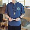 Camiseta de estilo chino para hombre, de verano, de algodón y lino con bordado de grulla fina, de manga corta, con hebilla holgada y media manga.