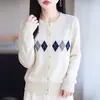 Cardigan Feminino Quente e Amigo da Pele com Gola Redonda Jacquard de Diamante Estilo College Suéter de Tricô Casaco Manga Longa Solto Peça de Roupa Externa