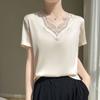 Fábrica por atacado verão cetim V-neck solto manga curta T-shirt rede feminina Coringa top cor sólida renda camisa pequena maré