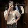 Suéter de punto con cuello cuadrado y mangas abullonadas, estilo francés, novedad de verano de 2023, top fino y dulce para mujer.
