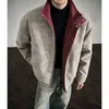 Chaqueta de cuero PU estilo americano tie-dye mate color block, abrigo de cuero estilo Harrington con cuello alto para hombre, otoño/invierno, para un look rudo