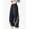 Tamanho Grande 150kg Estilo Americano Color Block Listrado Calça de Moletom Unissex Primavera Verão Fina High Street Scimitar Calça Longa Solta Calça Esportiva