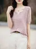2026 Algodón Tejido Manga Corta Mujer Primavera y Verano Nuevo Estilo Elegante Manga Media Hueco Holgado Moda Color Sólido Camiseta Top