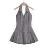 AP23179-24 Vestido plisado elegante informal de verano con cuello en V y espalda descubierta, estilo universitario, estilo francés, con botones