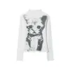 Modal de Comércio Exterior Transfronteiriço Camiseta de Manga Longa com Estampa de Gato Estilo Coreano para Mulheres, Camiseta Básica de Nicho com Gola Meia-Alta, Corte Slim