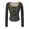 Camiseta de manga larga con escote en U y ribete de encaje de deseo puro estilo coreano para mujer, elegante top ajustado corto de jacquard entallado a la cintura, top de chica popular