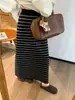 Falda Larga Recta de Punto con Rayas Retro para Mujer 2025 Otoño e Invierno Nuevo Estilo Cintura Alta Efecto Adelgazante Elegante Cintura Elástica