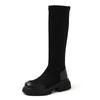 Botas altas de tacón medio grueso con falda y costuras de gamuza de vaca para mujer, invierno 2024, talla grande 42