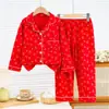 Ropa de Otoño para Año Nuevo y Pantalones Largos Traje de Algodón Puro Pijamas para Niños Cárdigan Año del Zodiaco Rojo Mediano y Grande Ropa Interior de Otoño e Invierno para Niños