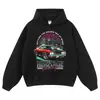 Moletom com capuz estampado de carro esportivo retrô americano em estoque, lavado e com efeito desgastado, marca de moda de rua, corte solto, plus size, moletom unissex