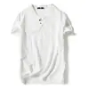 Camiseta de manga corta de lino vintage para hombre, fina, de media manga, color liso, con cuello en V, holgada, de algodón y lino, talla grande