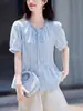 Camisa Elegante e Estilosa com Gola Franzida de Manga Curta para Mulheres, Nova Moda Verão 2026 com Barra Patchwork, Top que Esconde a Barriga e Emagrece
