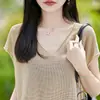 Camiseta de Verano Fina de Punto de Seda Helada con Cuello en V, Estilo Minimalista para Mujer, Corte Holgado, Adelgazante, Tacto de Alta Gama, Transpirable, con Pequeñas Mangas de Volantes