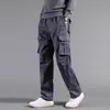 Pantalones de trabajo de tiro alto y entrepierna profunda para hombre, corte holgado, pierna recta, pantalones largos casuales con múltiples bolsillos, talla grande, elásticos, cómodos y versátiles