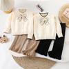 Conjunto de Malha para Meninas Outono Novo Estilo Coreano Conjunto de Duas Peças com Suéter Jaqueta Pequeno Cheiroso para Bebê Calças Flare Largas