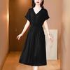 Vestido para Madre de Mediana Edad y Anciana para Mujer 2025 Nuevo Verano Cuello en V Cubre Vientre Adelgazante de Cintura Aspecto Seda Drapeada Falda Larga