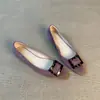 Zapatos slip-on retro de punta cuadrada, hebilla cuadrada baja, color morado suave, para ir al trabajo, versátiles, de mujer, mate, con estampado de leopardo