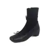 Versão em Pele de Ovelha ~ Botas Finas com Laço Estilo Ballet Retrô para Mulheres Outono e Inverno Francês Novas Botas Curtas com Salto Grosso Nariz de Porco