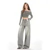 Pantalones vaqueros de tiro alto holgados en color gris moca, nuevos para 2026, para mujer, estilo de pierna ancha gris ondulado versátil, nuevos para primavera y otoño