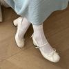 Super Bonito ~ Sapatos Mary Jane de Pele de Ovelha com Laço Estilo Fada Francesa Primavera 2025 Salto Médio Grosso Bico Redondo Couro Genuíno Sapatos Individuais