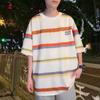 Camiseta listrada de manga curta masculina, estilo Hong Kong, solta, manga curta, verão, estilo coreano, camiseta casual da moda, para todos os gostos