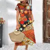 2024 Comercio Exterior Transfronterizo Nueva Ropa de Verano para Mujer de Manga Corta Elegante Cuello Redondo Falda Teñido de Color Impresión Digital 3D