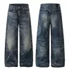 Gd004 High Street Estilo Americano Unisex Vaqueros Lavados Vintage Desgastados con Diseño de Bigotes de Gato Ajuste Holgado para Hombre
