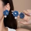 Brincos de Camélia e Pérola em Jeans Azul Único Estilo Coreano Brincos Elegantes de Alto Padrão Estilo Ins para Mulheres
