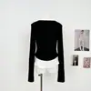 Camisa negra de cuello falso de dos piezas, diseño ajustado para chicas calientes, top de punto de manga larga, mohair, corte ajustado, con etiquetas
