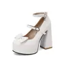 Fivela de cinto nova sapatos de camada única em couro envernizado laço doce boca rasa Mary Jane sapatos femininos plataforma d'água salto alto grosso sapatos de palco