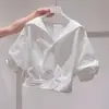 Camisa de Manga Corta con Solapa Verde Reductora de Edad Dopamina para Mujer 2025 Verano Nuevo Estilo Petite Dulce Estilo Corto