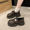 Zapatos Pequeños de Cuero de Gama Alta con Tacón Cuadrado para Mujer, Zapatos de Plataforma Versátiles Estilo Preppy Negro Británico, Zapatos Retro con Hebilla Pulida que Aumentan la Altura