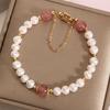Pulsera de Perlas Naturales de Agua Dulce para Mujer Diseño Nicho Ins de Lujo Ligero Cristal Fresa Ladrillo Flor de Durazno Mejores Amigas Hermanas Pulsera de Moda