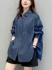 26 Nova Moda Primavera e Outono Lapela Poá Casual Versátil Camisa Jeans Estilo Hong Kong Jaqueta Vintage Camada Manga Longa