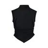 Camiseta sin mangas ajustada de estilo dulce y fresco para chica, cuello medio alto plisado, irregular en V invertida, para llevar por fuera o por dentro, top corto de verano
